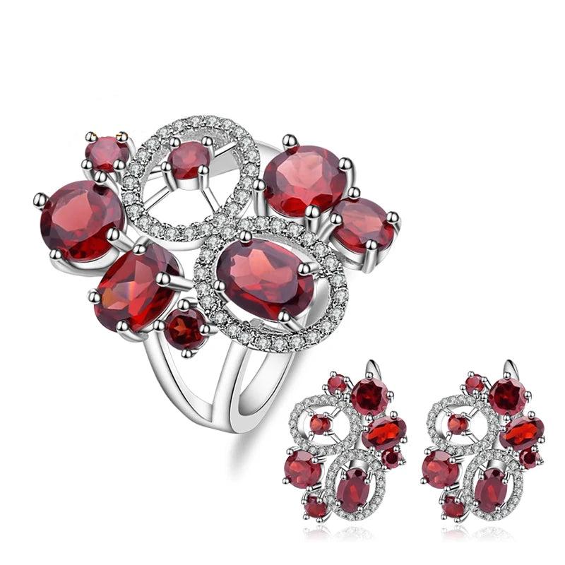 Vintage Red Garnet Jewelry Set - 925 Sterling Silver Earrings & Ring by Choosen Jewelry