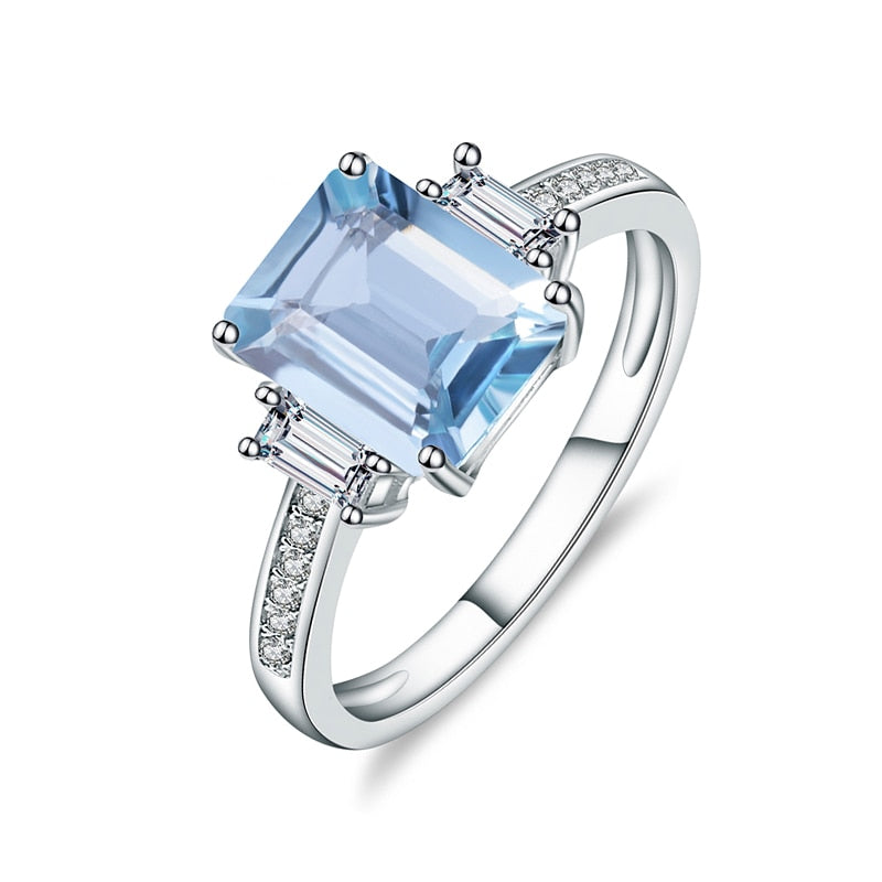 Rectangle Cut  Sky Blue Topaz Ring, 4 Prong Set in 925 Sterling Silver