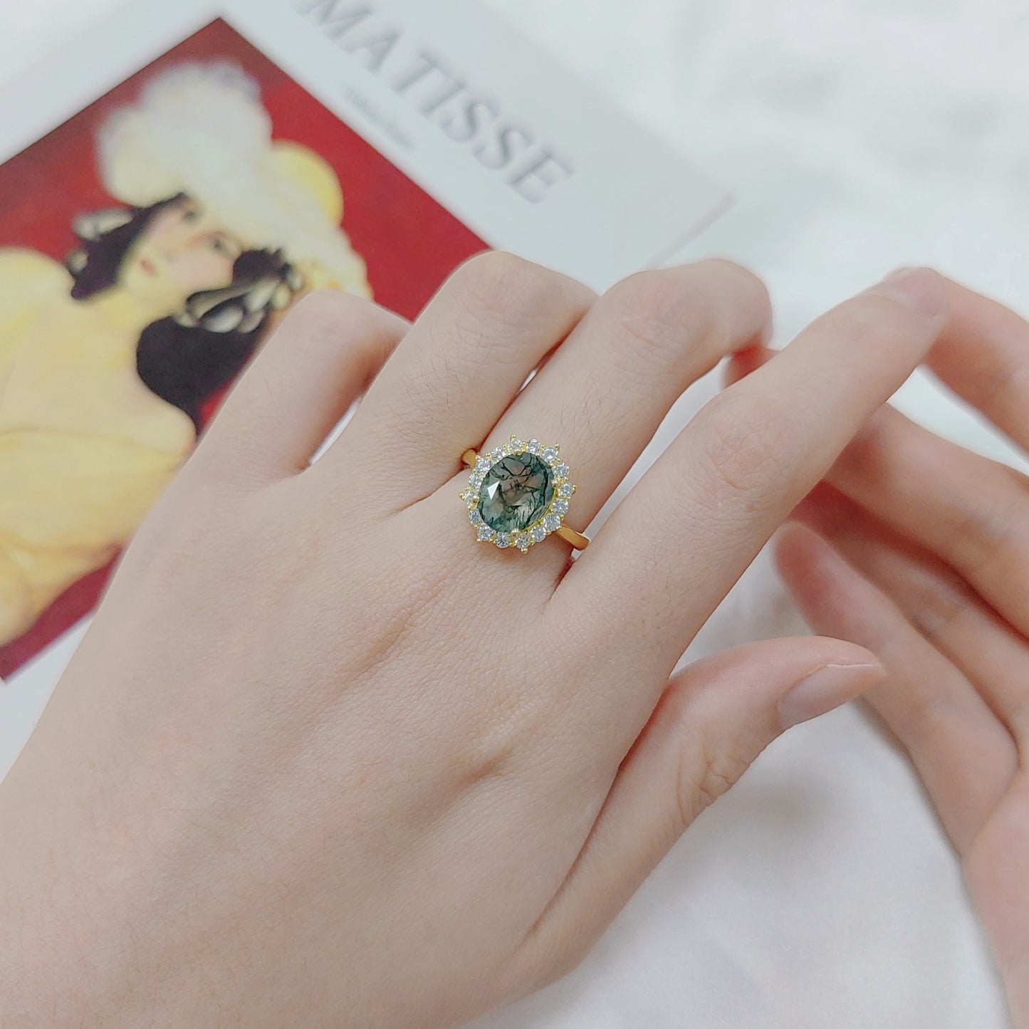 Oval Cut Moss Agate Engagement Ring