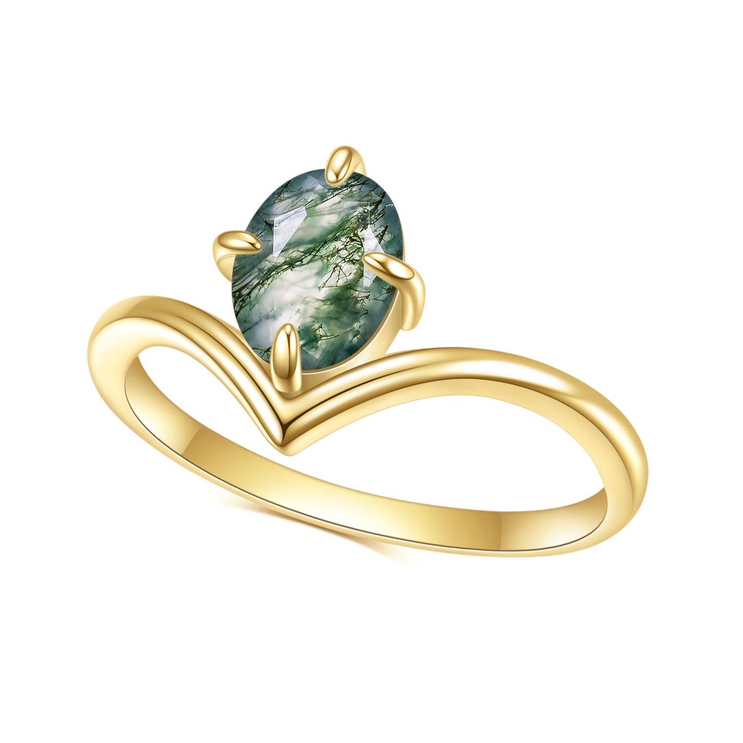 1.18Ct Oval Moss Agate Curved Engagement Ring, 925 Sterling Silver