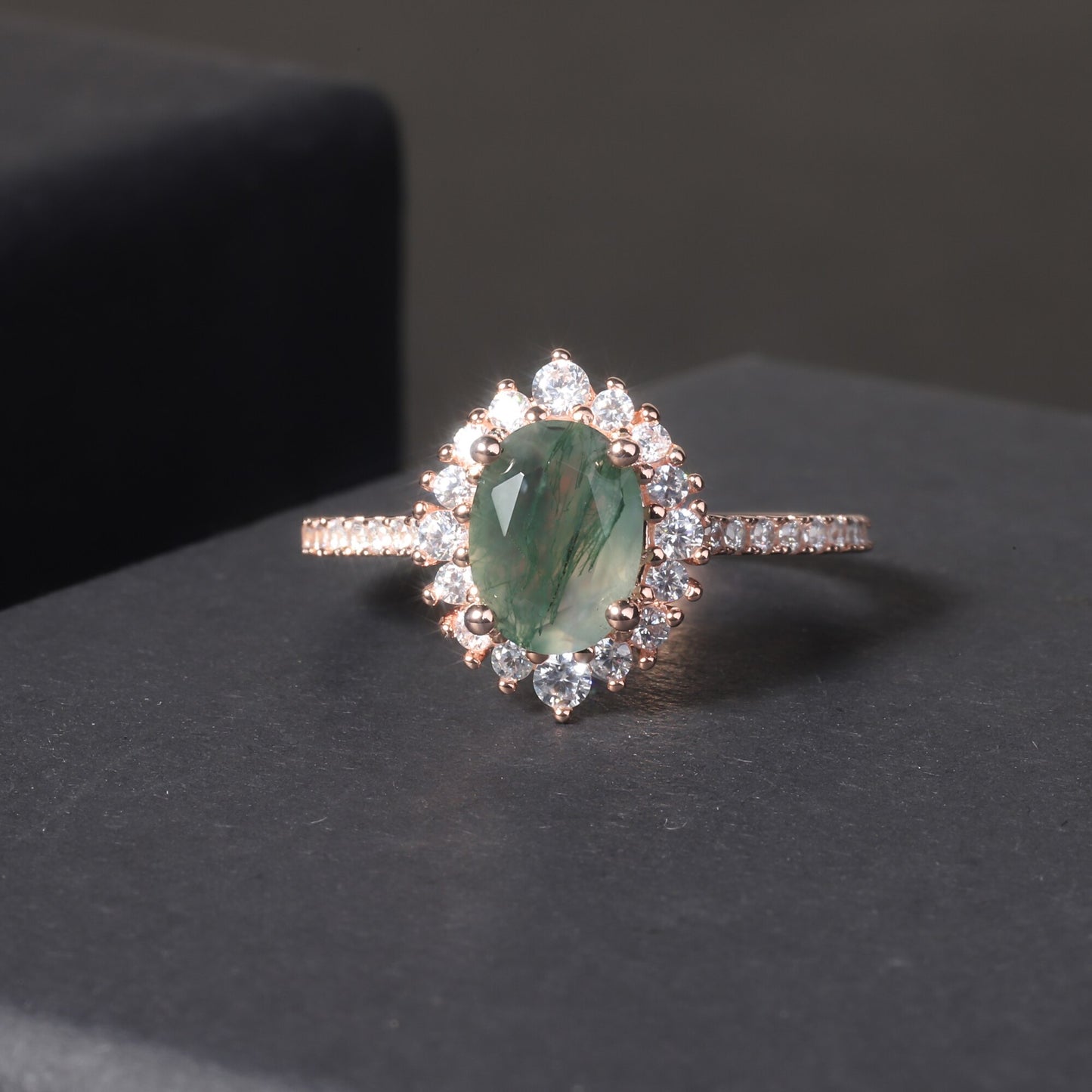 moss agate halo engagement rings