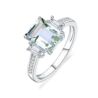 Rectangle Cut Green Amethyst Ring, 4 Prong Set in 925 Sterling Silver