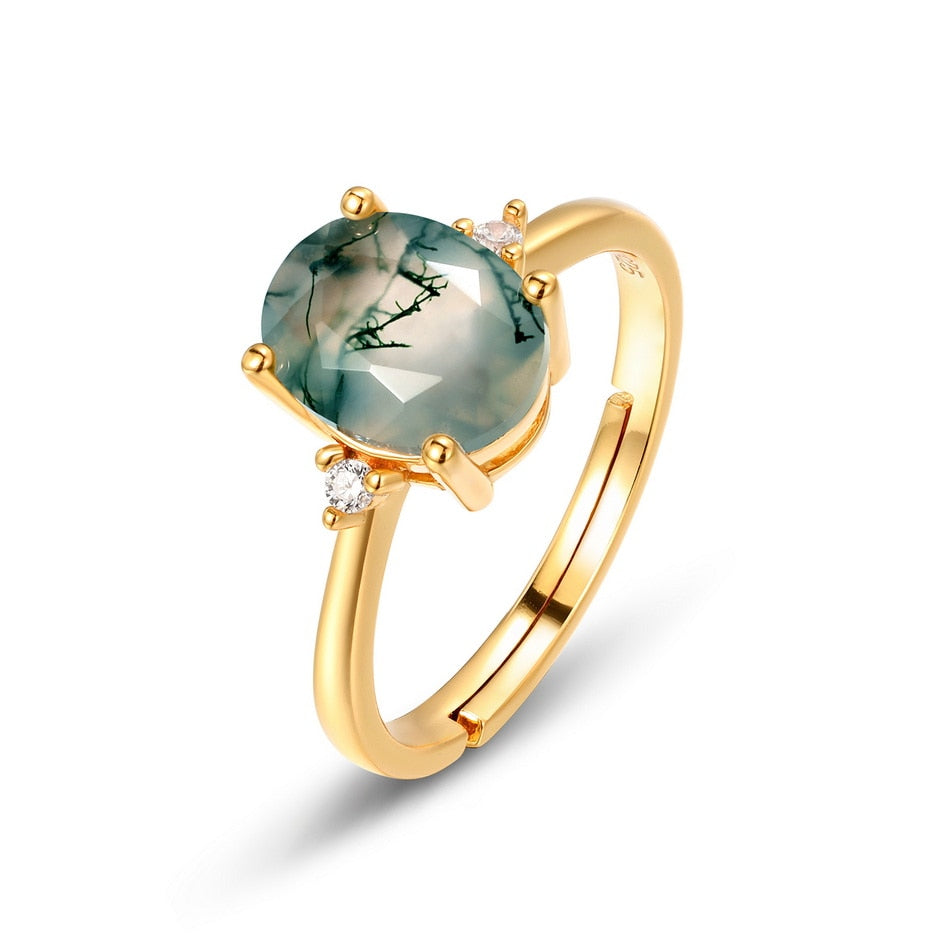 Moss Agate Engagement Ring, Yellow Gold Plated Over 925 Sterling Silver