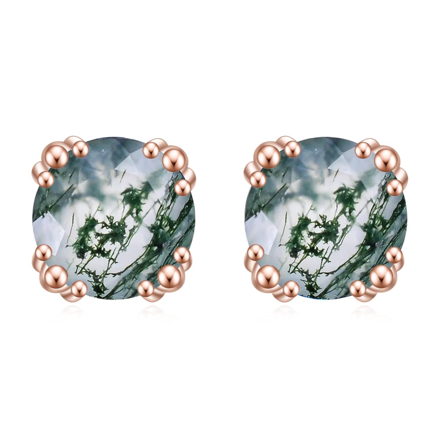 🌲Enhance your style with nature's artistry!, Moss Agate Earrings, Natural Stone Jewelry, Sterling Silver, 1.0Ct 6mm Round Cut, Prong Stud Earrings in Rose Gold