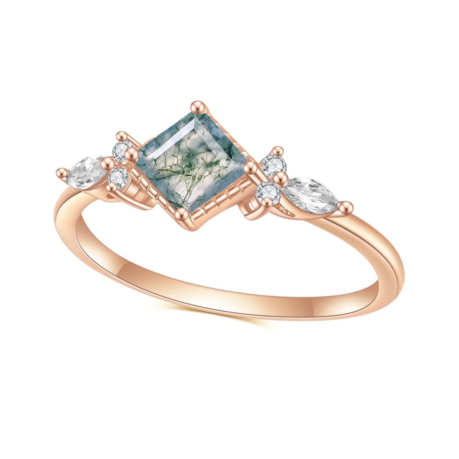 0.63Ct Square Shape Moss Agate Cluster Engagement Ring Pave Set in 925 Sterling Silver