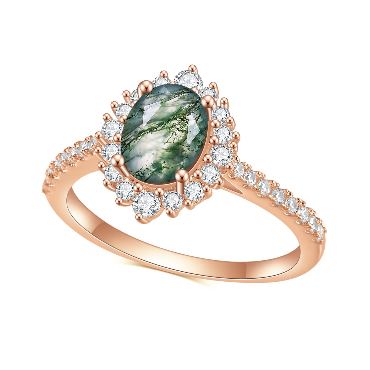 1.19CT Oval Cut Moss Agate Halo Engagement Ring, Pave Set in 925 Sterling Silver