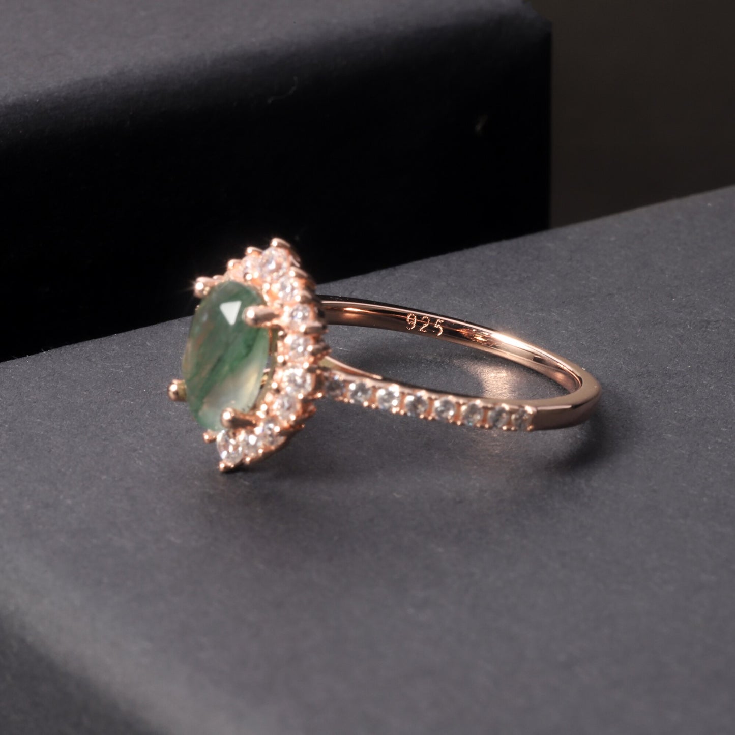 1.19CT Oval Cut Moss Agate Halo Pave Engagement Ring