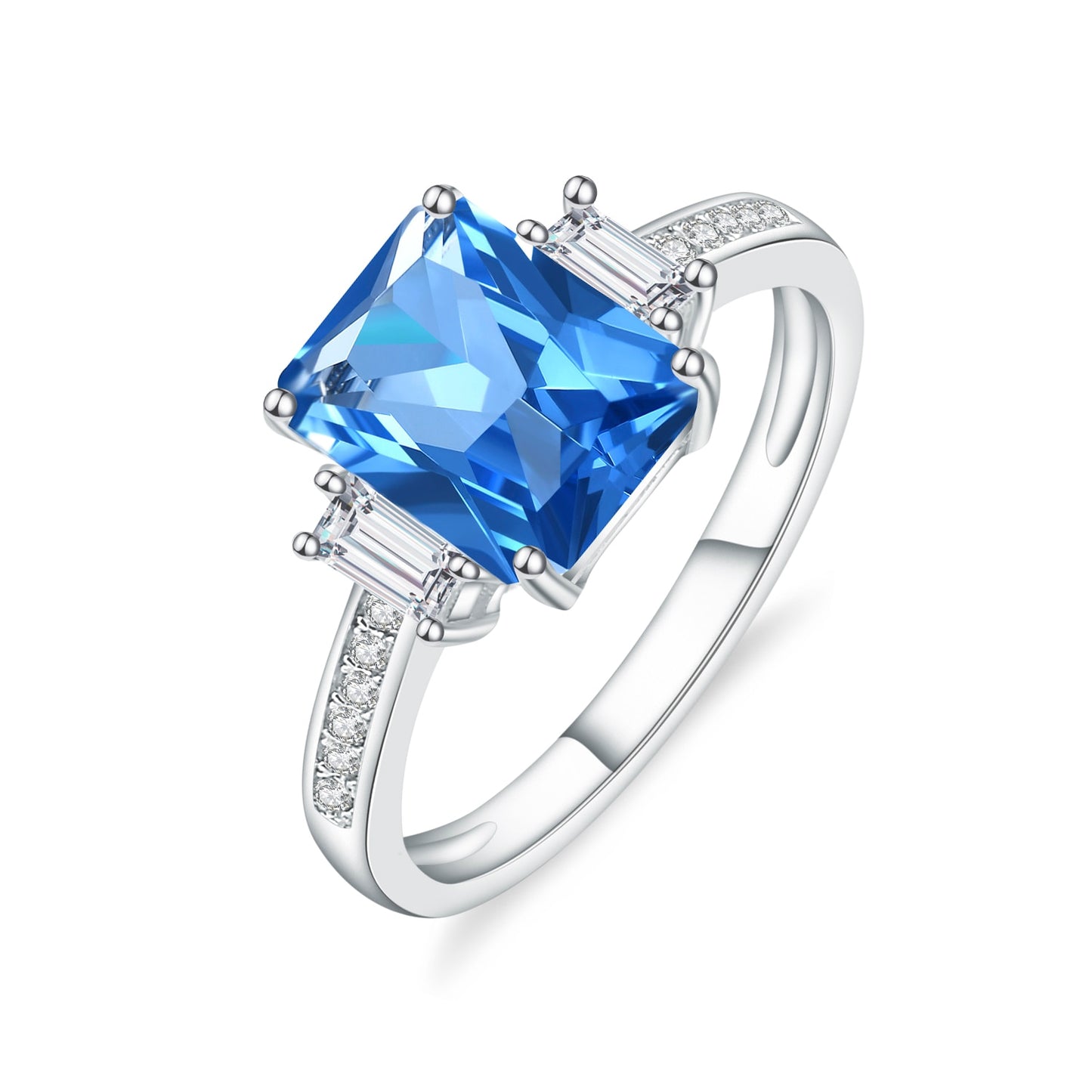 Rectangle Cut Lab Sapphire Ring, 4 Prong Set in 925 Sterling Silver