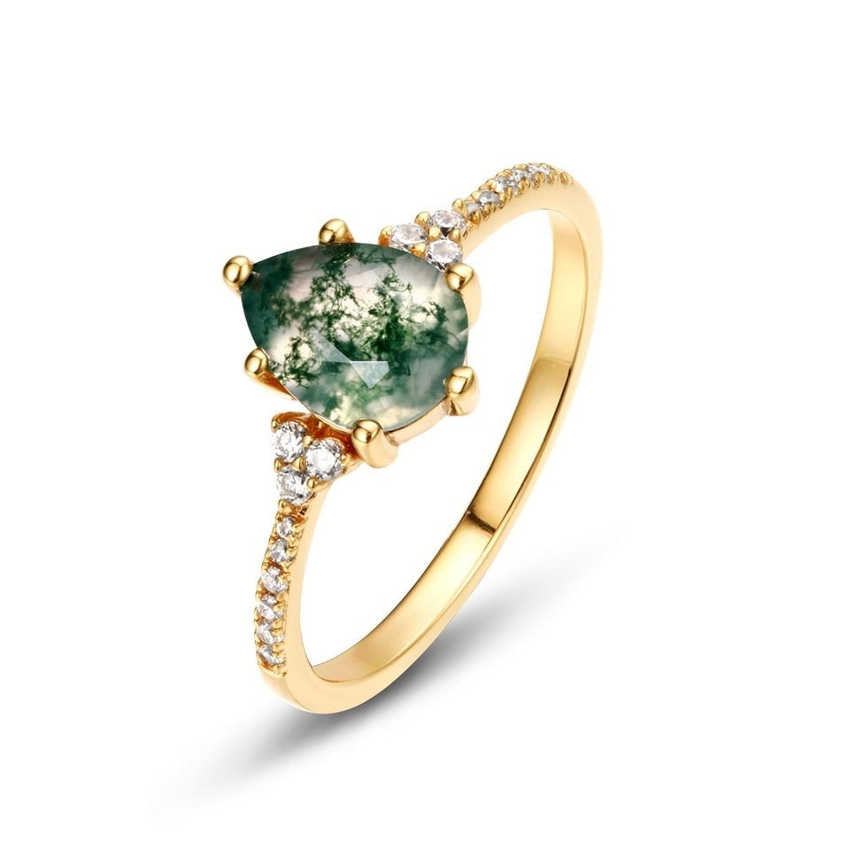 Pear Shaped Moss Agate Engagement Ring, Pave Set in 925 Sterling Silver