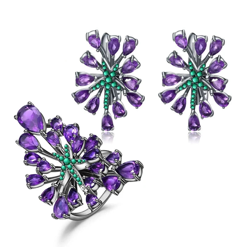 Choosen Jewelry: 925 Sterling Silver Amethyst Earrings & Ring Set - Vintage Gothic Punk Style