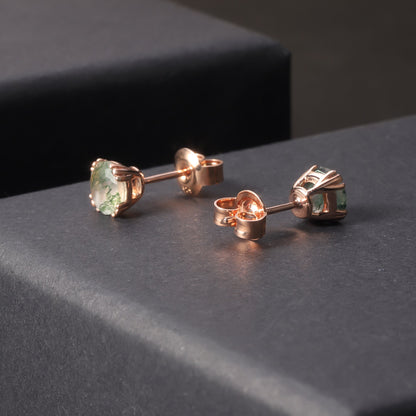 🌲Enhance your style with nature's artistry!, Moss Agate Earrings, Natural Stone Jewelry, Sterling Silver, 1.0Ct 6mm Round Cut, Prong Stud Earrings in Rose Gold