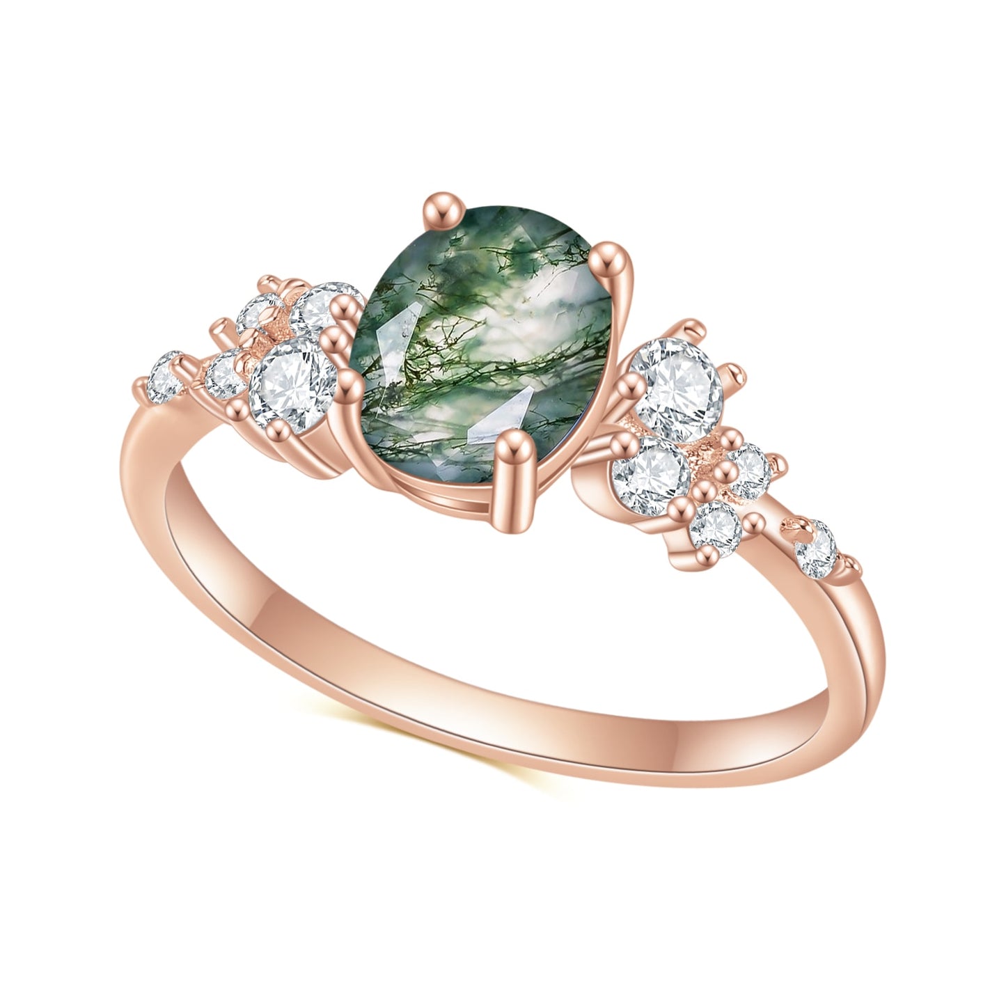 1.18CTW Oval Cut Moss Agate Cluster Engagement Ring, 925 Sterling Silver