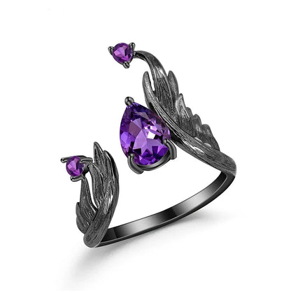 Natural Amethyst Angel Wing Ring - 925 Sterling Silver Adjustable - Choosen Jewelry