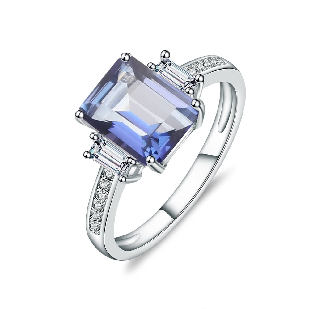 Emerald Cut Mystic Quartz Ring, 4 Prong Set in 925 Sterling Silver