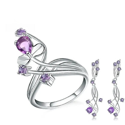 Choosen Jewelry: 925 Sterling Silver Amethyst Flower Earrings and Ring Set for Women