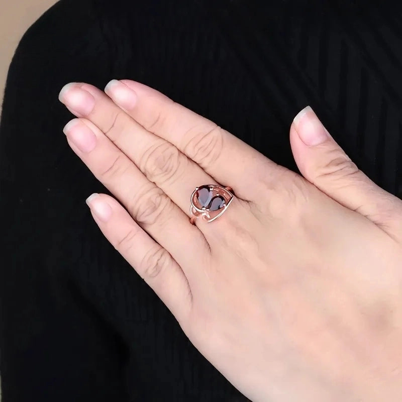 Choosen Jewelry: 925 Sterling Silver Rose Gold Plated Butterfly Ring with Natural Red Garnet