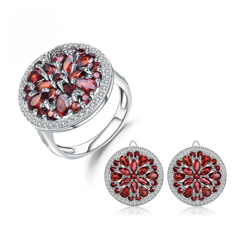 11.65Ct Natural Red Garnet Vintage Jewelry Set - Choosen Jewelry Sterling Silver Earrings & Ring