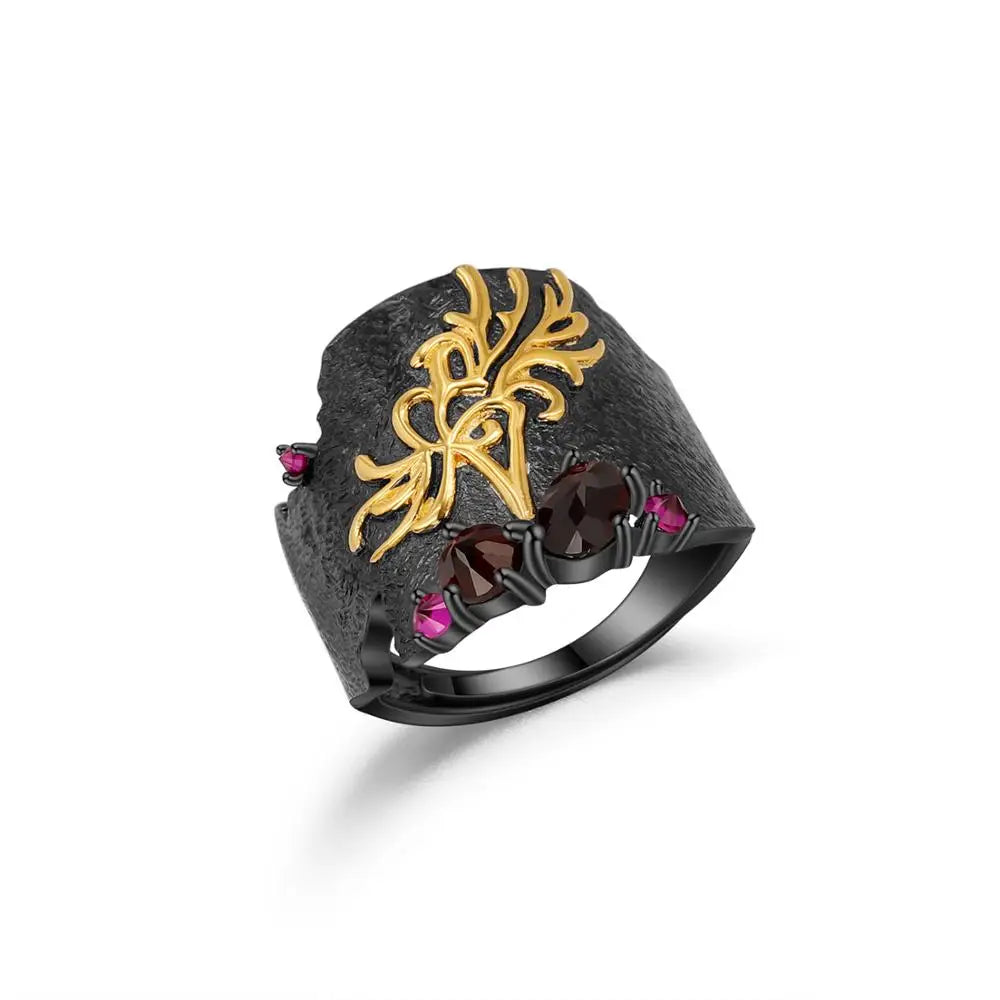 Natural Black Garnet Flower Ring - 925 Sterling Silver - Choosen Jewelry