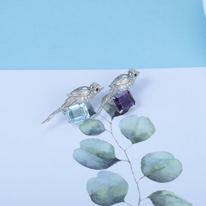 Bird Brooch, 4.02 CT, Sky Blue Topaz, Amethyst, Sterling Silver Brooches