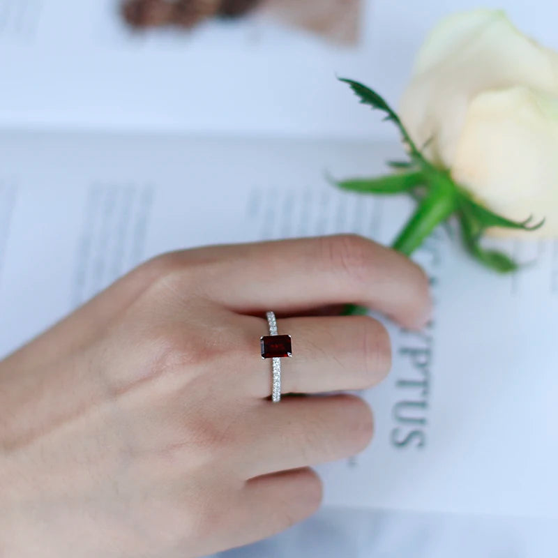 Choosen Jewelry: 1.31Ct Emerald Cut Red Garnet Ring in 925 Sterling Silver