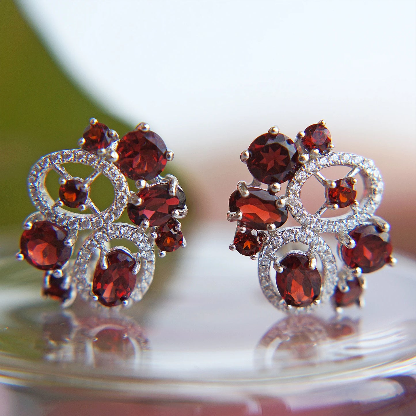 925 Sterling Silver Garnet Flower Stud Earrings by Choosen Jewelry - 6.23Ct Natural Gemstone Wedding Earrings for Women