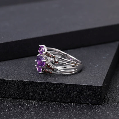 Natural Amethyst Three Stone Ring - 925 Sterling Silver Wedding Band - Choosen Jewelry