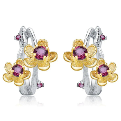 925 Sterling Silver Rhodolite Garnet Flower Stud Earrings by Choosen Jewelry