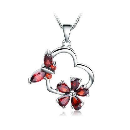 925 Sterling Silver Butterfly Flower Pendant Necklace with Natural Garnet - Choosen Jewelry