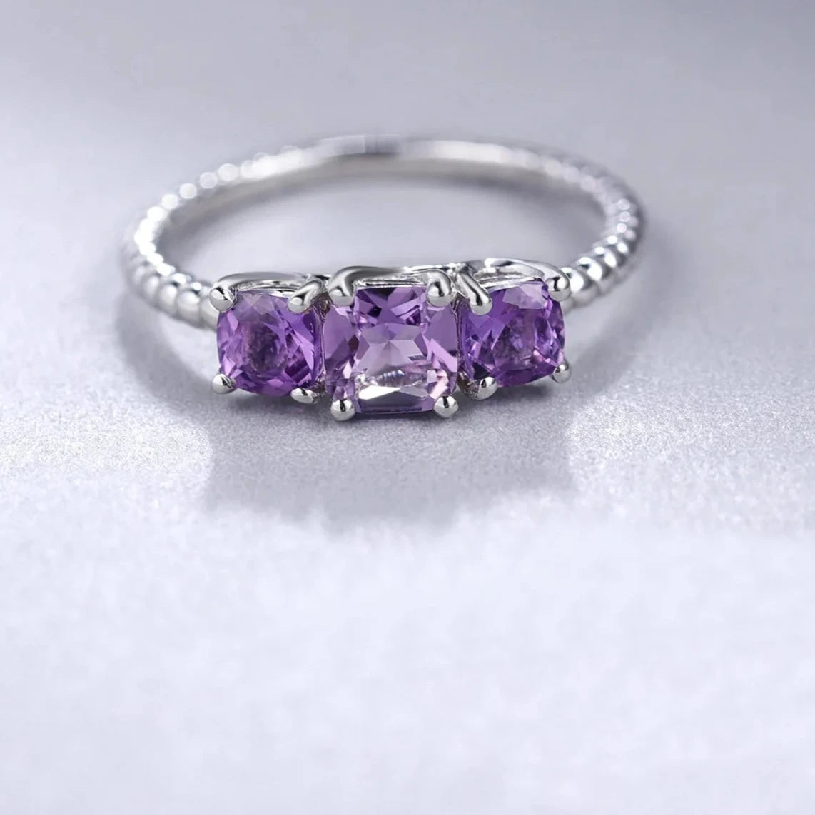 Natural Amethyst Three Stone Stackable Ring | 925 Sterling Silver | Choosen Jewelry