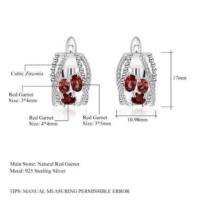 Natural Red Garnet Clip Earrings - 1.78Ct Three Stone Sterling Silver Jewelry by Choosen