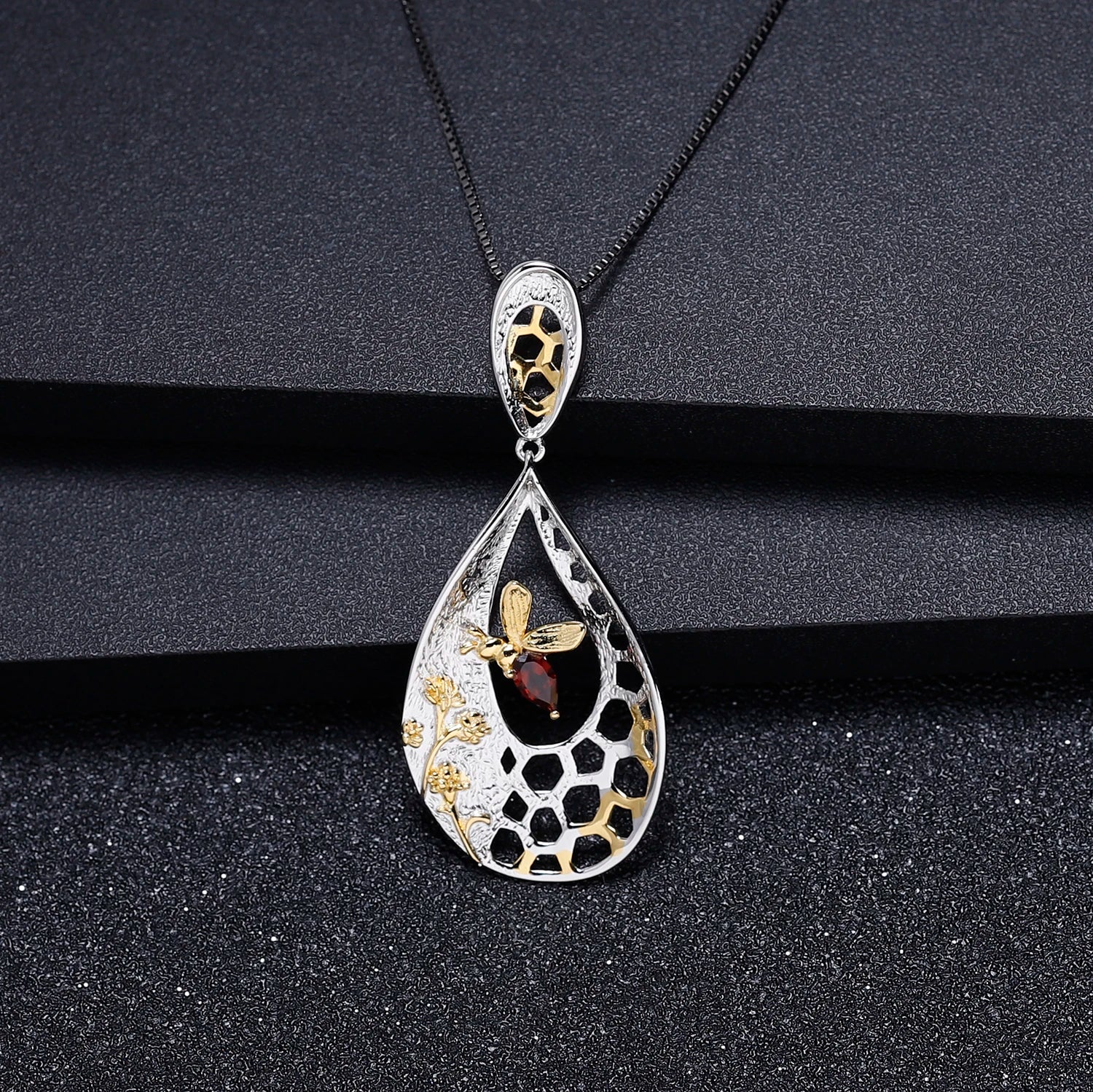 925 Sterling Silver Garnet Bee Pendant | Choosen Jewelry Handmade Collection