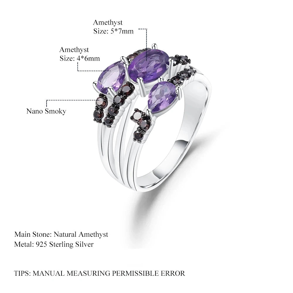 Natural Amethyst Three Stone Ring - 925 Sterling Silver Wedding Band - Choosen Jewelry