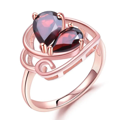 Choosen Jewelry: 925 Sterling Silver Rose Gold Plated Butterfly Ring with Natural Red Garnet