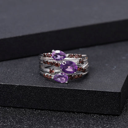 Natural Amethyst Three Stone Ring - 925 Sterling Silver Wedding Band - Choosen Jewelry