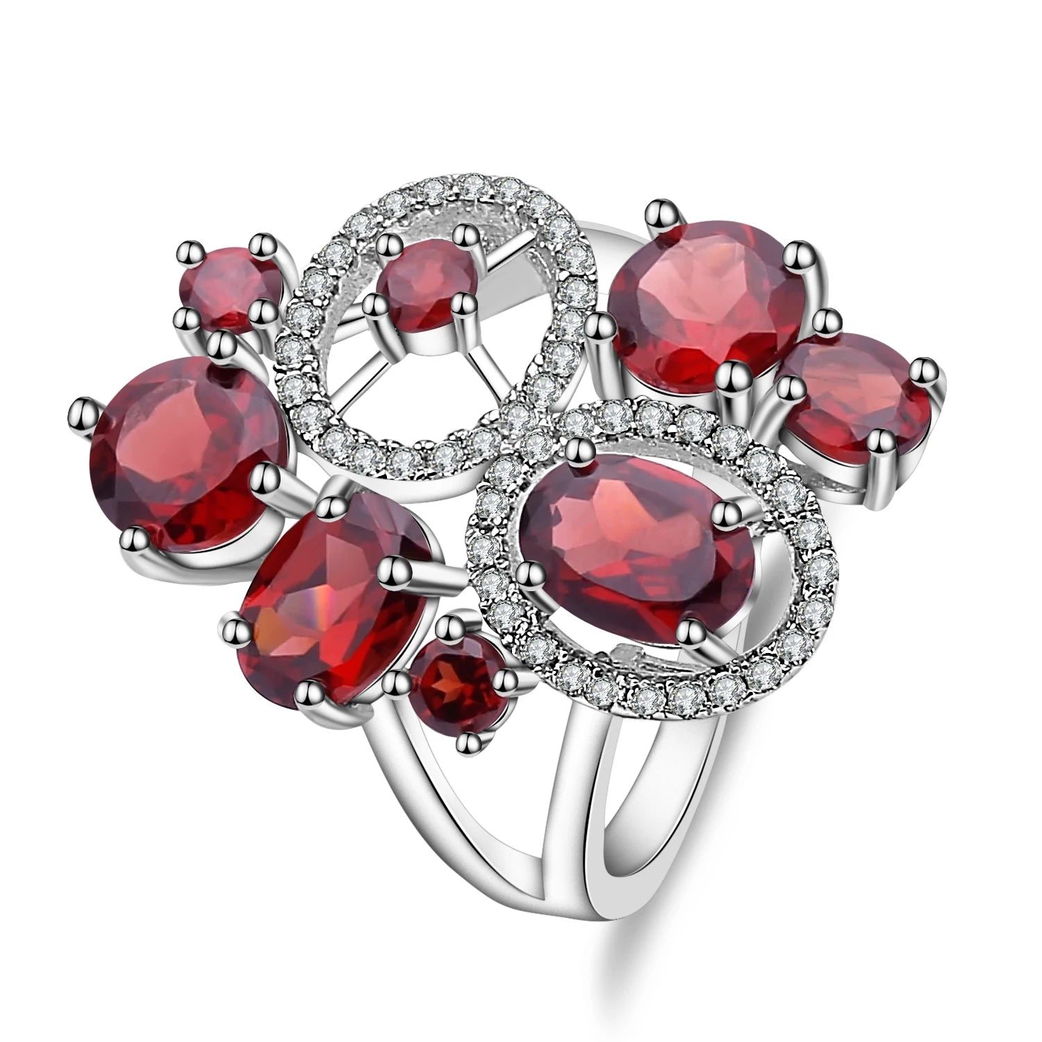 5.08Ct Natural Red Garnet Flower Ring - Sterling Silver Wedding Jewelry by Choosen Jewelry