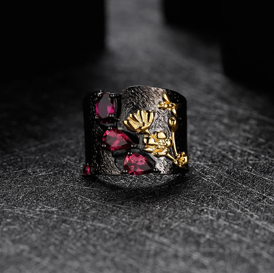 Handmade Rhodolite Garnet Floral Ring - 925 Sterling Silver - Choosen Jewelry