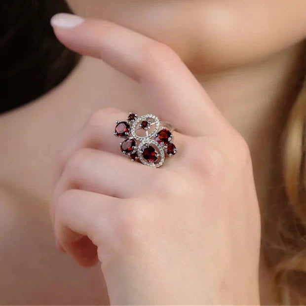 5.08Ct Natural Red Garnet Flower Ring - Sterling Silver Wedding Jewelry by Choosen Jewelry