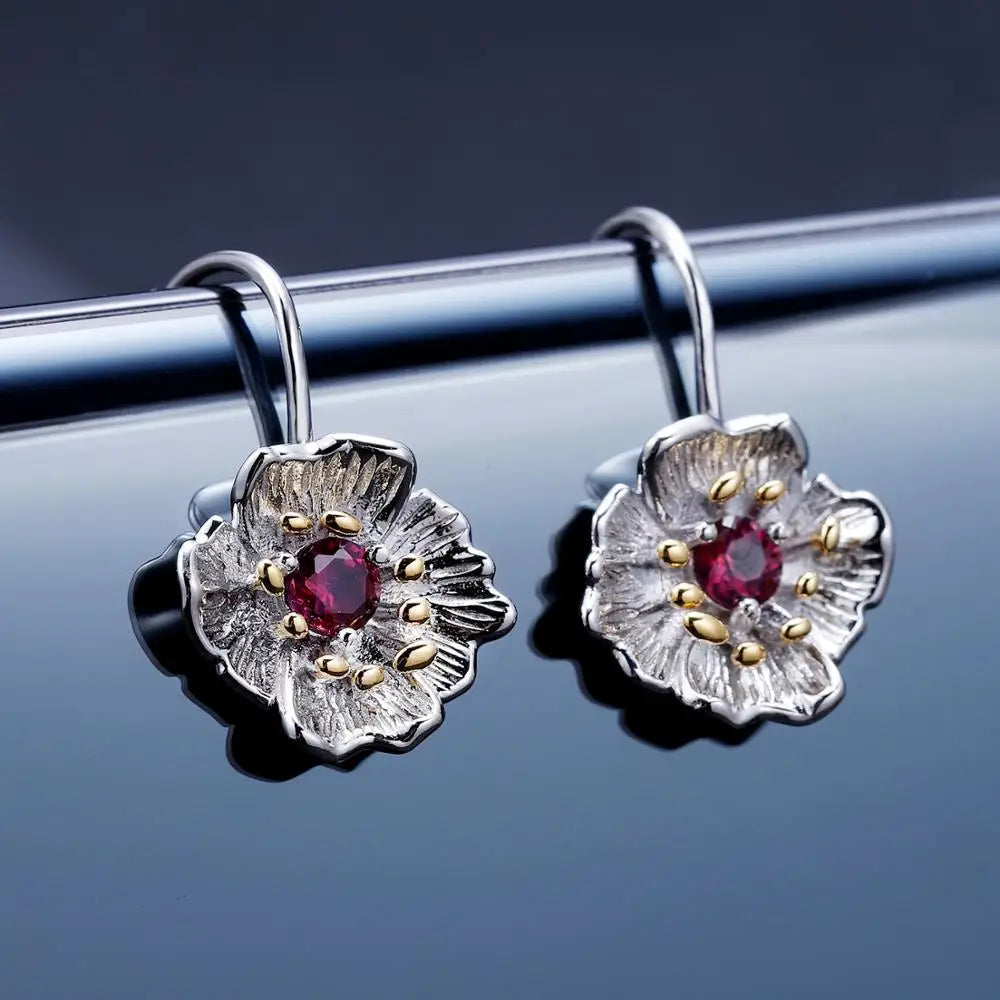 925 Sterling Silver Blooming Poppies Dangle Earrings with Natural Rhodolite Garnet by Choosen Jewelry