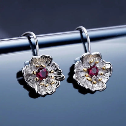 925 Sterling Silver Blooming Poppies Dangle Earrings with Natural Rhodolite Garnet by Choosen Jewelry