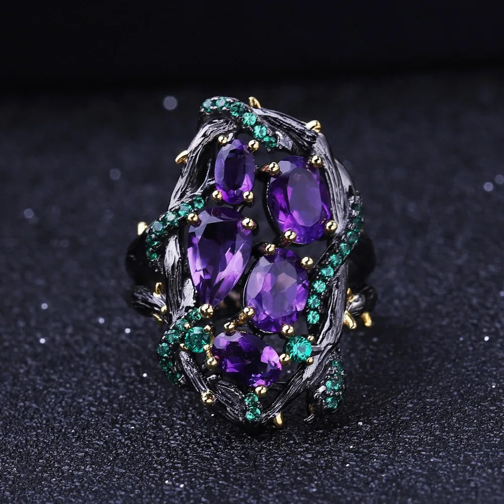 Natural Amethyst Sterling Silver Ring - 3.23Ct Handmade Hollow Design by Choosen Jewelry