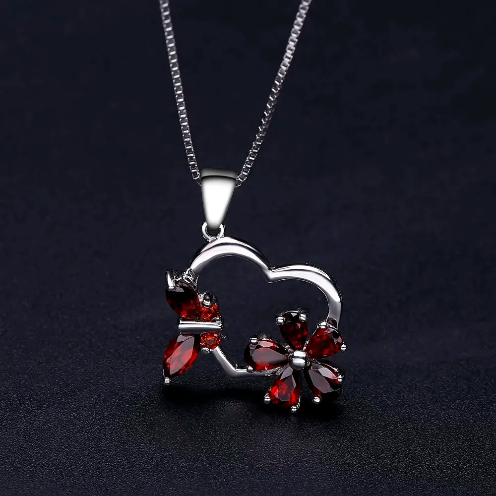 925 Sterling Silver Butterfly Flower Pendant Necklace with Natural Garnet - Choosen Jewelry