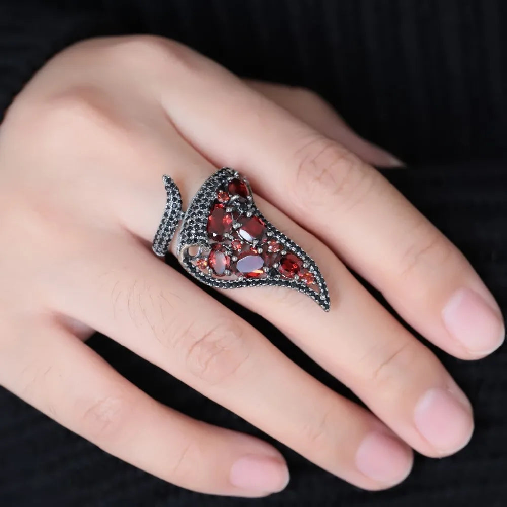 Natural Red Garnet Open Finger Ring - 925 Sterling Silver Gothic Punk Jewelry by Choosen Jewelry