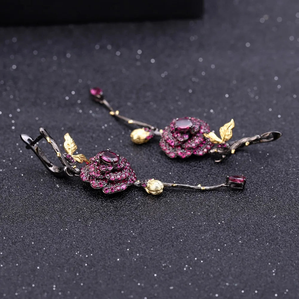 Handmade 1.76Ct Rhodolite Garnet Flower Drop Earrings | Choosen Jewelry Sterling Silver