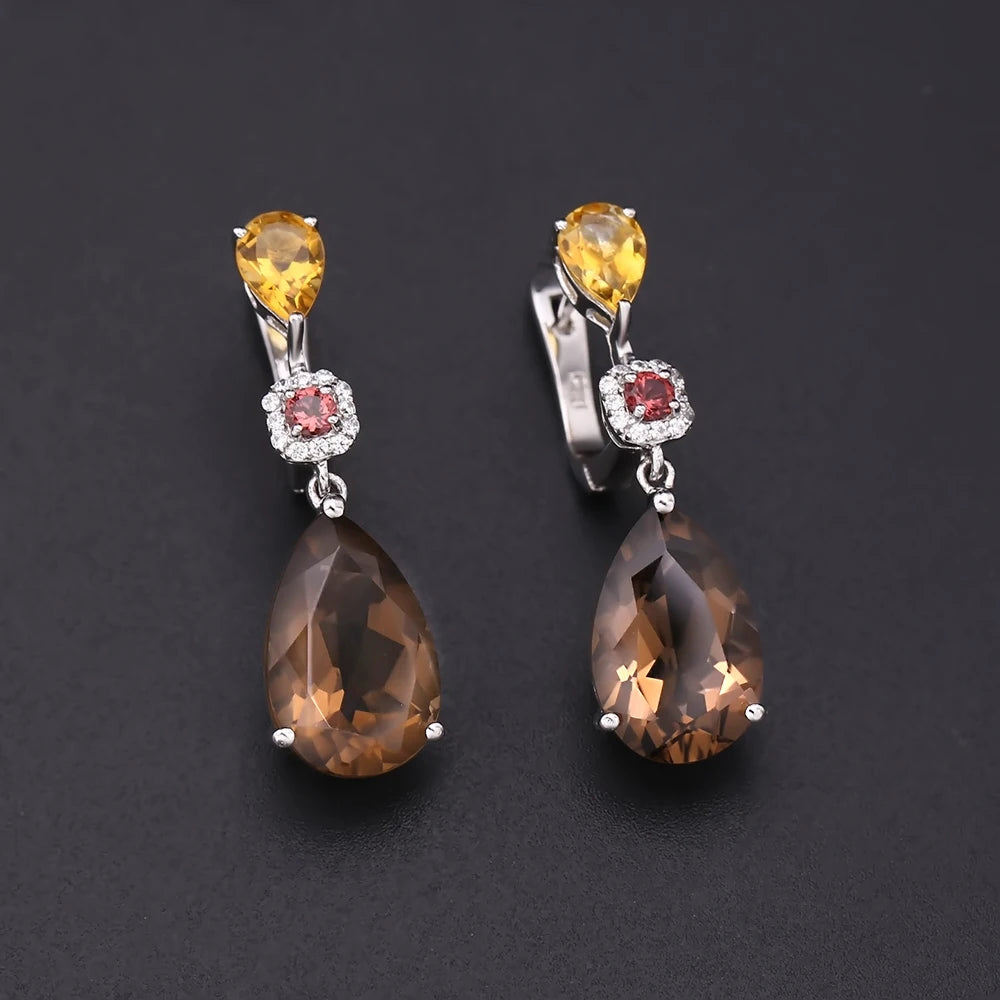 10.44Ct Smoky Quartz Citrine Garnet Drop Earrings | Choosen Jewelry 925 Sterling Silver Wedding Fine Jewelry