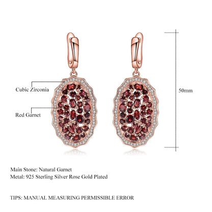 925 Sterling Silver Rose Gold Plated Garnet Drop Earrings by Choosen Jewelry - 9.49Ct Natural Red Gemstone