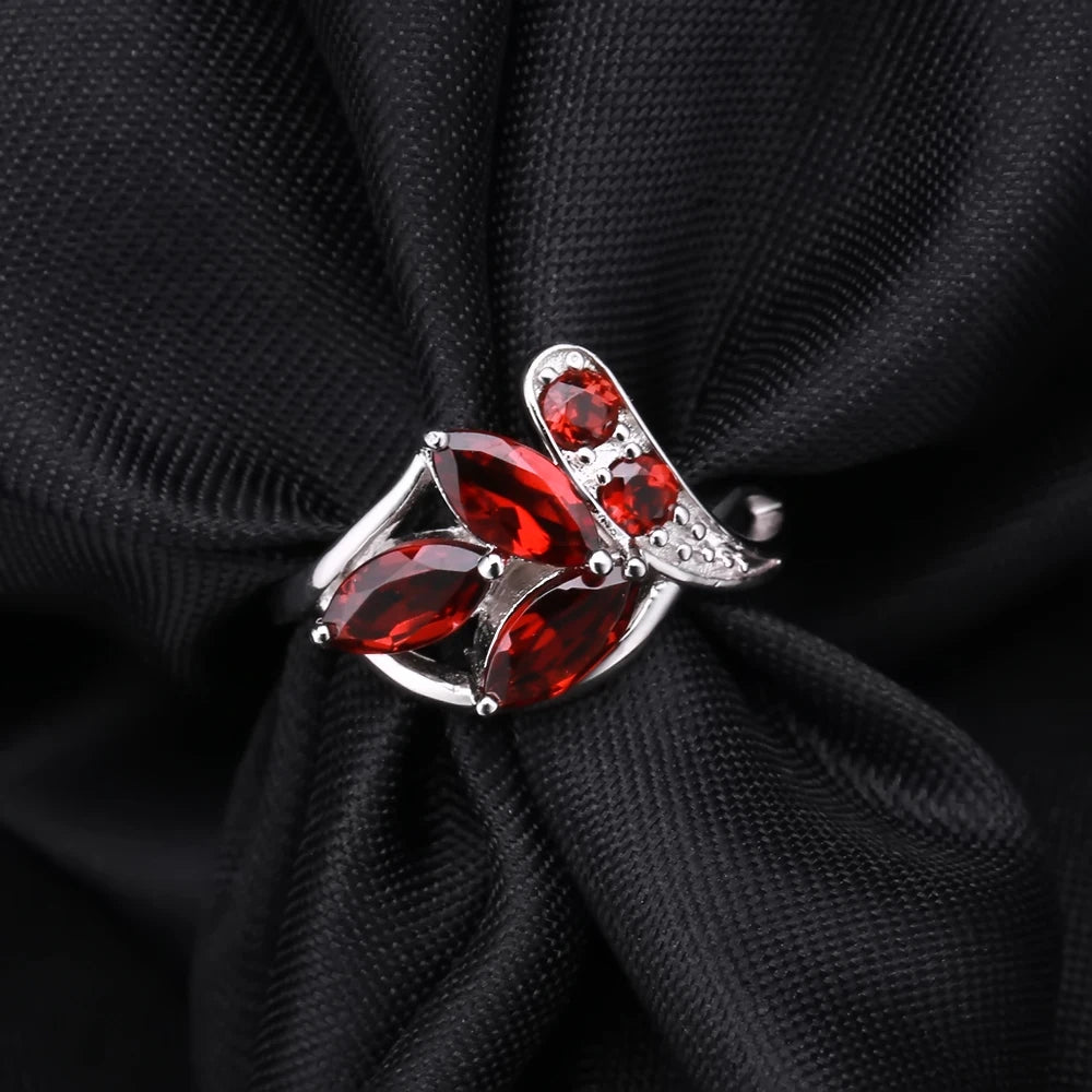 Natural Red Garnet Leaf Ring - 2.38Ct Sterling Silver Wedding Band by Choosen Jewelry