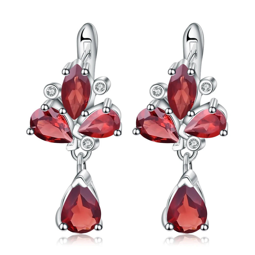 Choosen Jewelry: Elegant 6.84Ct Red Garnet Flower Drop Earrings in 925 Sterling Silver