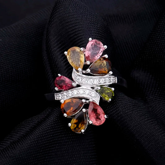 Elegant Tourmaline Flower Ring - 925 Sterling Silver Wedding Band by Choosen Jewelry