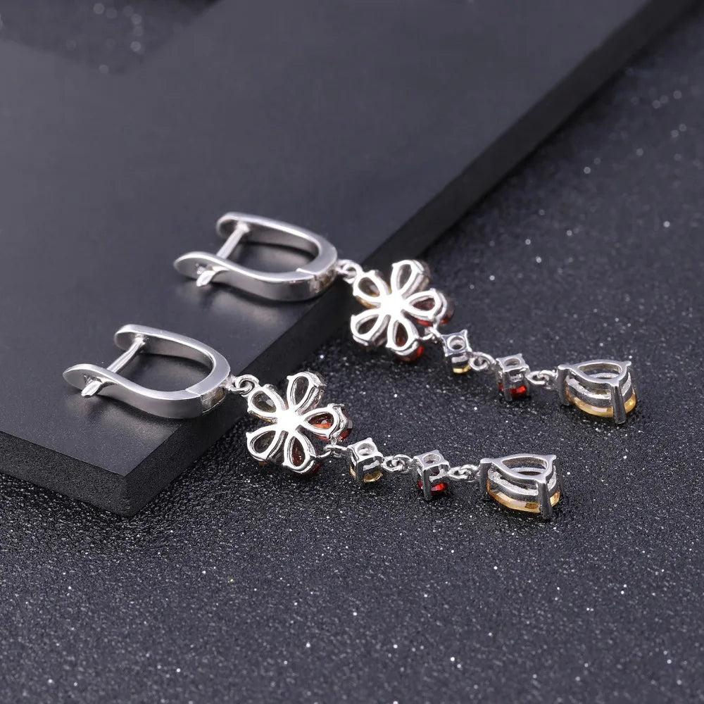 Sterling Silver Flower Drop Earrings with Garnet & Citrine - Choosen Jewelry