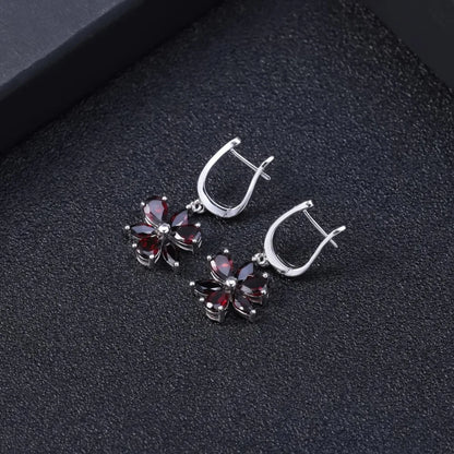 Choosen Jewelry: 925 Sterling Silver Garnet Flower Drop Earrings for Women - Fine Jewelry